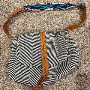 Noonday Vintage Striped Black & White Saddle Bag with Tan Braided Detail